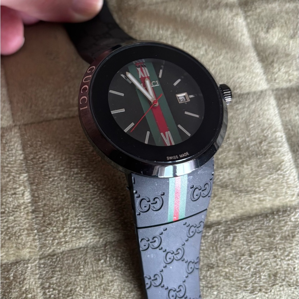 Gucci Black Watch 1142 with Red and Green Stripe.  Never worn.  Excellent price